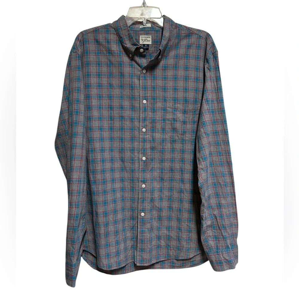 J.Crew Button Down Shirt Men XL  Blue gray Plaid Slim Fit 100% Cotton